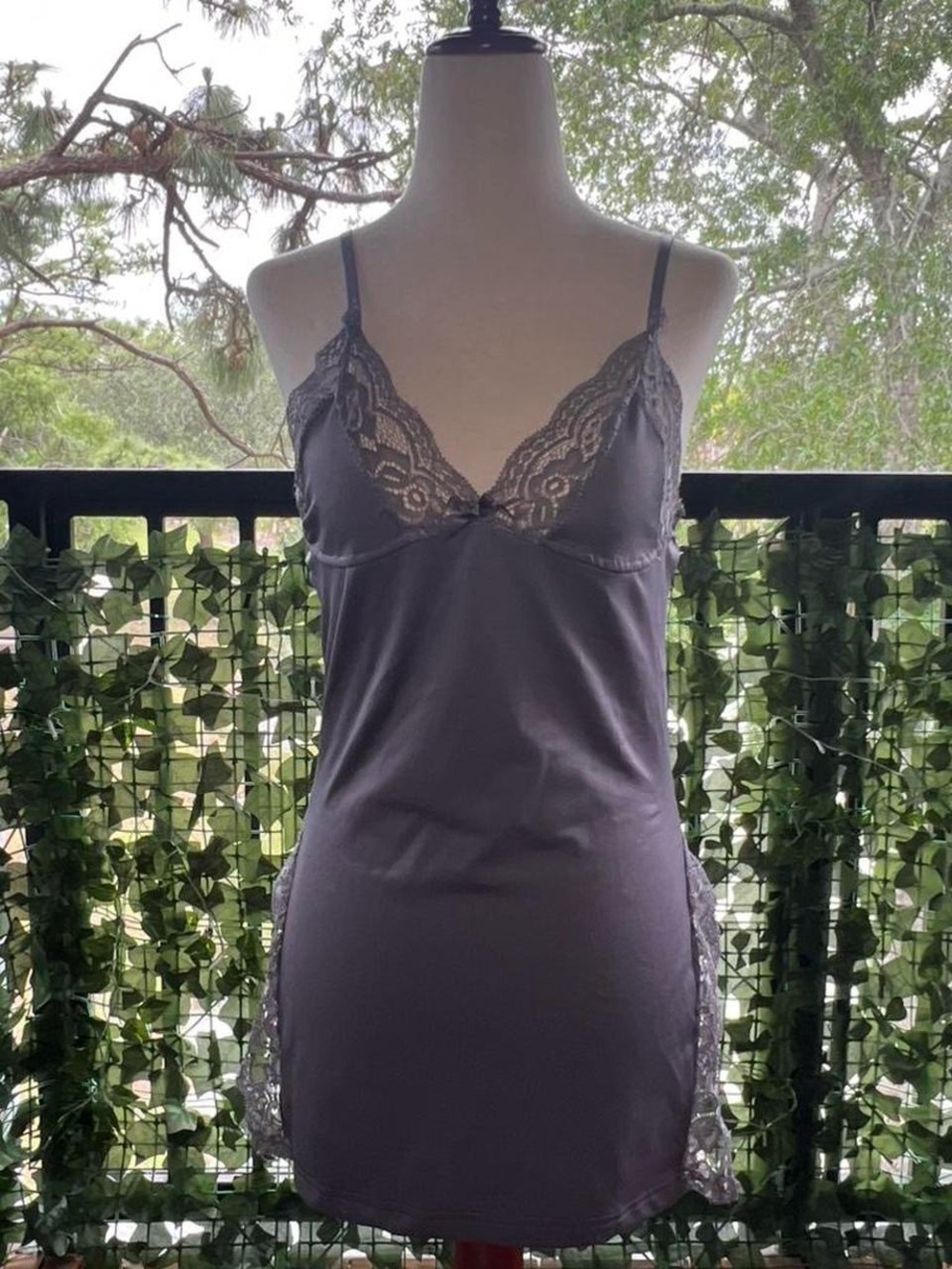 Lace Trim Slip Dress Nightgown in Dusty Purple